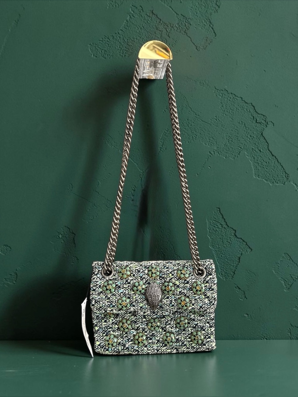 Kurt Geiger Green Floral Tweed Beaded Chain Shoulder Bag with Dusty - Picture 2 of 9